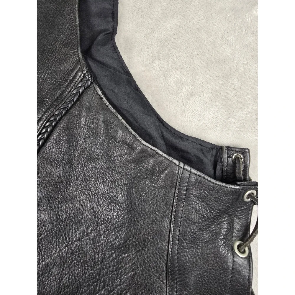 Pro-Rider Premium Leather Biker Vest Mens 50 Black Buffalo Buttons Side Lace Up